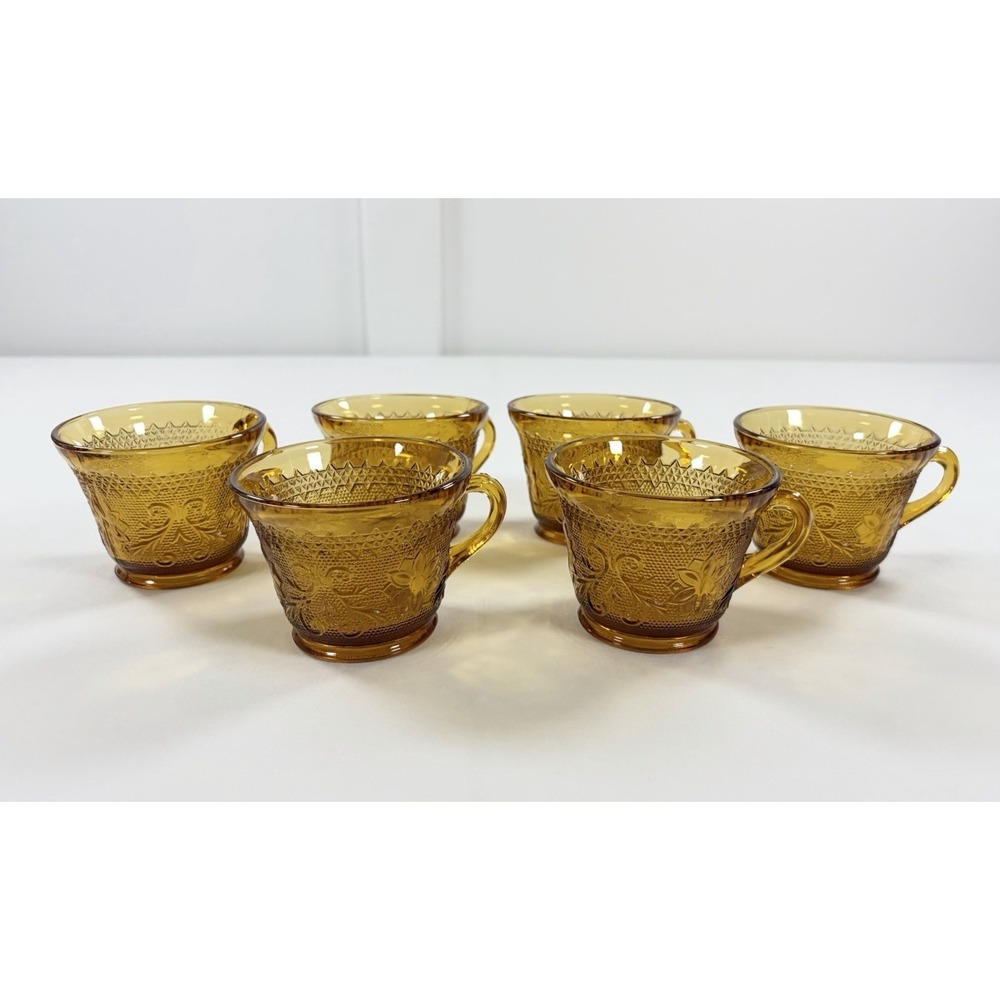 Set of 6 Tiara Indiana Glass Amber Sandwich Daisy Pattern Punch Tea Cups Vintage - Picture 11 of 16